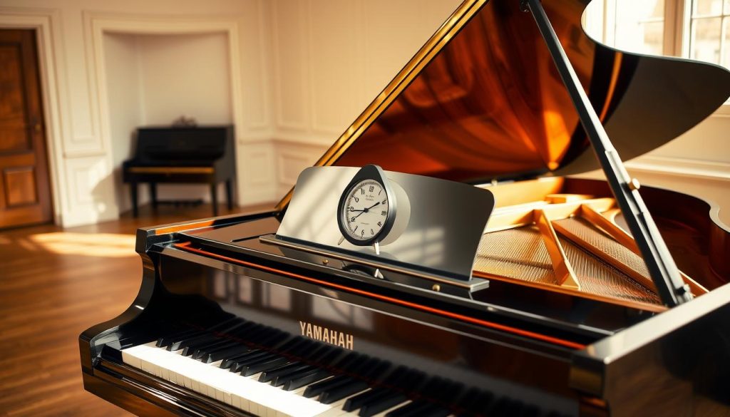 A classical piano setting with a Yamaha grand piano in a well-lit, spacious room. The piano is positioned in the foreground, its polished, ebony wood gleaming under warm, directional lighting. The piano's lid is open, revealing the intricate inner workings and mechanics. In the middle ground, a metronome sits atop the piano, its pendulum swinging rhythmically. The background showcases a tasteful, minimalist decor, with a wooden floor and neutral-toned walls, creating a serene, contemplative atmosphere. The overall scene conveys a sense of refinement, attention to detail, and the perfect harmony of traditional craftsmanship and modern sensibilities. A classical piano setting with a Yamaha grand piano in a well-lit, spacious room. The piano is positioned in the foreground, its polished, ebony wood gleaming under warm, directional lighting. The piano's lid is open, revealing the intricate inner workings and mechanics. In the middle ground, a metronome sits atop the piano, its pendulum swinging rhythmically. The background showcases a tasteful, minimalist decor, with a wooden floor and neutral-toned walls, creating a serene, contemplative atmosphere. The overall scene conveys a sense of refinement, attention to detail, and the perfect harmony of traditional craftsmanship and modern sensibilities.