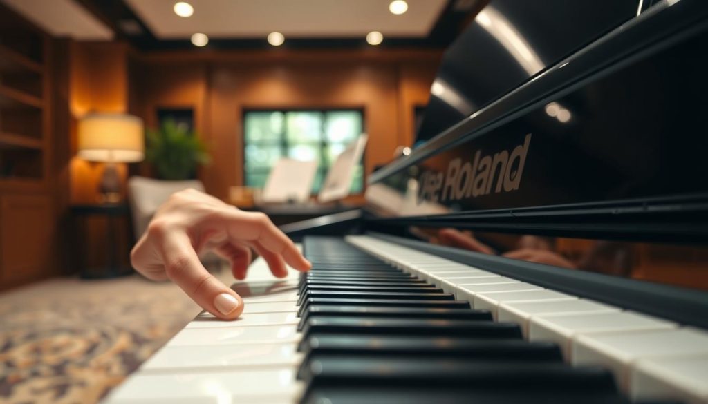 A close-up of a Roland digital piano showcasing the PHA-4 keyboard, emphasizing its intricate key design and responsive action. In the foreground, a hand gently presses down on a key, highlighting the realistic touch and feel. The middle ground features the piano's elegant body, with polished black wood and sleek metallic accents reflecting soft ambient lighting. In the background, a blurred, sophisticated music room with warm wooden elements and subtle lighting creates an inviting atmosphere. The scene is well-lit with soft, diffused light casting gentle shadows, evoking a serene and professional mood, ideal for a focused exploration of pianistic touch and technique. A close-up of a Roland digital piano showcasing the PHA-4 keyboard, emphasizing its intricate key design and responsive action. In the foreground, a hand gently presses down on a key, highlighting the realistic touch and feel. The middle ground features the piano's elegant body, with polished black wood and sleek metallic accents reflecting soft ambient lighting. In the background, a blurred, sophisticated music room with warm wooden elements and subtle lighting creates an inviting atmosphere. The scene is well-lit with soft, diffused light casting gentle shadows, evoking a serene and professional mood, ideal for a focused exploration of pianistic touch and technique.