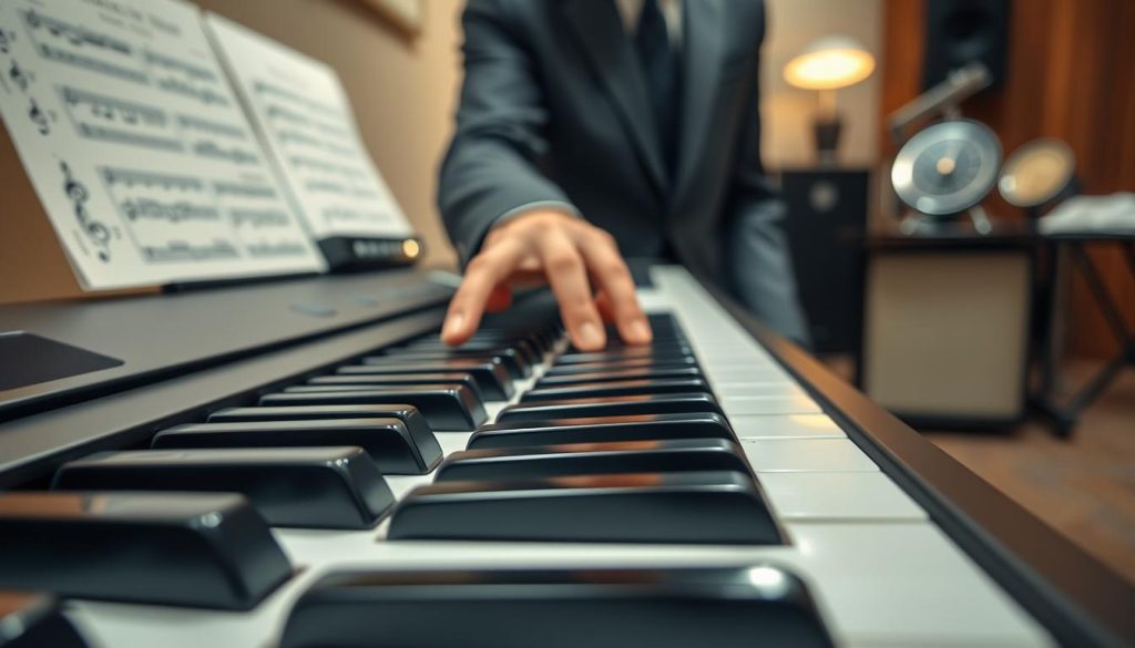 A close-up shot of a high-quality digital piano keyboard showcasing its exquisite keys and realistic touch response. In the foreground, the polished black and white keys are glistening under soft, diffused lighting, highlighting their texture and craftsmanship. In the middle, a pair of hands in professional business attire gently press down on the keys, demonstrating the fluidity and sensitivity of the instrument. The background features an elegantly designed music studio, with soft-focus on sheet music, a metronome, and subtle ambient lighting, creating a warm and inviting atmosphere that emphasizes the importance of touch and feel in playing. The mood is contemplative and focused, inviting viewers to appreciate the artistry of music making. A close-up shot of a high-quality digital piano keyboard showcasing its exquisite keys and realistic touch response. In the foreground, the polished black and white keys are glistening under soft, diffused lighting, highlighting their texture and craftsmanship. In the middle, a pair of hands in professional business attire gently press down on the keys, demonstrating the fluidity and sensitivity of the instrument. The background features an elegantly designed music studio, with soft-focus on sheet music, a metronome, and subtle ambient lighting, creating a warm and inviting atmosphere that emphasizes the importance of touch and feel in playing. The mood is contemplative and focused, inviting viewers to appreciate the artistry of music making.