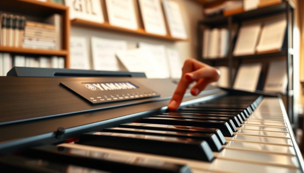A close-up view of a Yamaha digital piano, focusing on the textured keys to highlight the quality of touch and responsiveness. The foreground showcases a hand gently pressing a key, emphasizing the tactile experience of playing. In the middle ground, the sleek design of the piano's body is visible, with polished wood and metallic accents reflecting warm, natural light. The background features a softly blurred interior of a cozy music room with shelves filled with books and musical sheets, enhancing the atmosphere of practice and creativity. The scene is illuminated with gentle, warm lighting, creating an inviting and professional mood that captures the essence of piano playing.