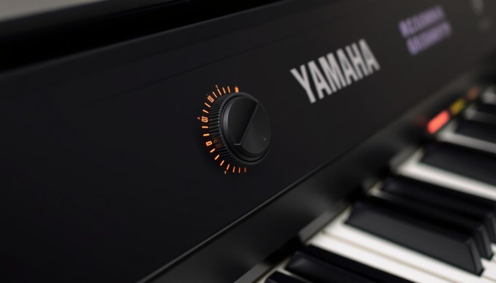 A close-up view of a Yamaha digital piano's control panel, with a metronome indicator dial prominently displayed. The dial is illuminated with a soft, warm glow, allowing for precise adjustment of the metronome volume. The piano's sleek, black finish provides a minimalist backdrop, emphasizing the metronome feature. The image is captured from a slightly elevated angle, creating a sense of depth and showcasing the instrument's elegant design. The lighting is balanced, creating subtle shadows that accentuate the contours of the controls, enabling the viewer to clearly understand the metronome adjustment process. A close-up view of a Yamaha digital piano's control panel, with a metronome indicator dial prominently displayed. The dial is illuminated with a soft, warm glow, allowing for precise adjustment of the metronome volume. The piano's sleek, black finish provides a minimalist backdrop, emphasizing the metronome feature. The image is captured from a slightly elevated angle, creating a sense of depth and showcasing the instrument's elegant design. The lighting is balanced, creating subtle shadows that accentuate the contours of the controls, enabling the viewer to clearly understand the metronome adjustment process.
