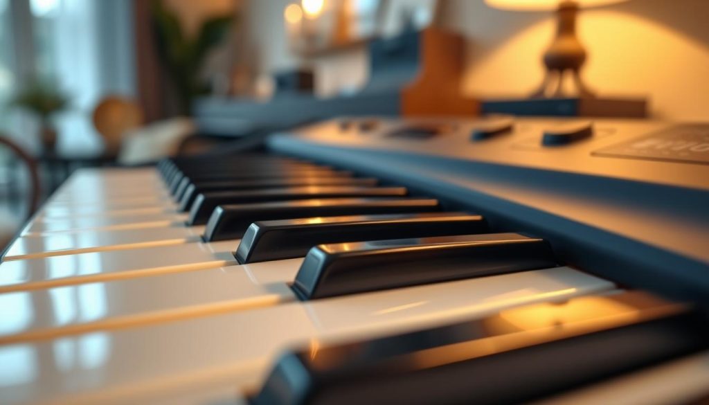 A close-up view of a digital piano keyboard, showcasing a variety of keys with a glossy finish and realistic textures. The focus should be on the rich, smooth touch of the keys, highlighting their responsive action. Soft, warm lighting illuminates the scene from a side angle, creating gentle shadows that accentuate the contours of the keys. In the background, a softly blurred home music studio with elegant decor adds context, evoking a sense of comfort and creativity. The overall mood is inviting and inspiring, perfect for beginners eager to explore music. The image should be devoid of any text, ensuring a clean visual representation of the piano's key features.