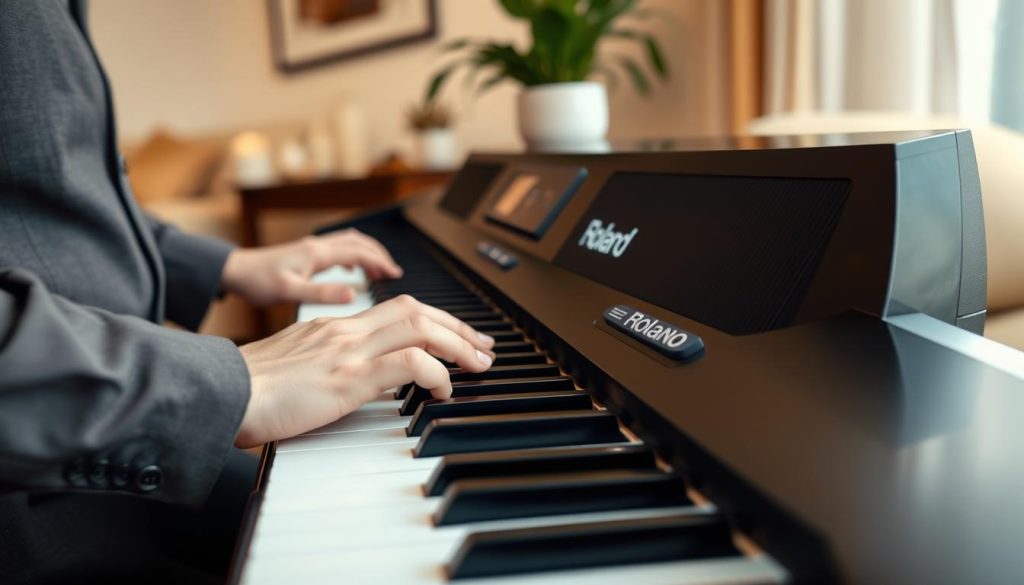 A close-up view of a pair of hands elegantly playing a digital piano, showcasing the tactile interaction with the keys. The hands, dressed in smart casual clothing, gracefully strike the polished black and white keys of a Roland digital piano, reflecting a warm, soft glow from the surrounding ambient lighting. In the foreground, the focus is on the keys being pressed, emphasizing their responsiveness. The background features a softly blurred living room setting with a cozy atmosphere, enhanced by warm-colored decor and a subtle backdrop of a potted plant. The overall mood is inviting and tranquil, conveying a sense of daily care and maintenance for the piano. The angle is slightly above the keyboard, capturing both the hands in action and the instrument's sleek design. A close-up view of a pair of hands elegantly playing a digital piano, showcasing the tactile interaction with the keys. The hands, dressed in smart casual clothing, gracefully strike the polished black and white keys of a Roland digital piano, reflecting a warm, soft glow from the surrounding ambient lighting. In the foreground, the focus is on the keys being pressed, emphasizing their responsiveness. The background features a softly blurred living room setting with a cozy atmosphere, enhanced by warm-colored decor and a subtle backdrop of a potted plant. The overall mood is inviting and tranquil, conveying a sense of daily care and maintenance for the piano. The angle is slightly above the keyboard, capturing both the hands in action and the instrument's sleek design.