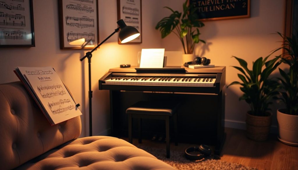 A cozy musician's corner featuring essential piano accessories for comfort. In the foreground, a plush piano bench with soft cushioning and a music stand holding sheet music. In the middle, a digital piano with realistic keys, surrounded by a high-quality piano lamp casting a warm glow. A footrest can be seen tucked under the bench, while a set of headphones rests nearby. The background showcases a softly lit room with musical notes framed on the wall and plants in the corner, creating a serene, inviting atmosphere. The lighting is warm and ambient, capturing the tranquility of a dedicated practice space. The angle captures both the piano and the accessories, emphasizing their importance for a comfortable playing experience.