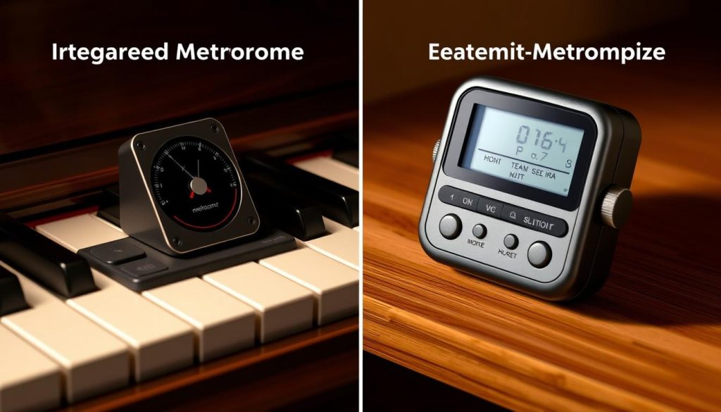 A detailed, side-by-side comparison of an integrated piano metronome and an external, handheld metronome. The integrated metronome is shown on the left, its compact design and seamless integration into the piano's control panel highlighted. On the right, the external metronome is displayed, its discrete controls and portable nature emphasized. Both devices are rendered with a realistic, high-resolution style under warm, directional lighting, allowing the user to clearly see the subtle differences in their construction, features, and intended use. The overall scene conveys a sense of technical detail and visual balance, guiding the viewer's understanding of the relative merits of each metronome type. A detailed, side-by-side comparison of an integrated piano metronome and an external, handheld metronome. The integrated metronome is shown on the left, its compact design and seamless integration into the piano's control panel highlighted. On the right, the external metronome is displayed, its discrete controls and portable nature emphasized. Both devices are rendered with a realistic, high-resolution style under warm, directional lighting, allowing the user to clearly see the subtle differences in their construction, features, and intended use. The overall scene conveys a sense of technical detail and visual balance, guiding the viewer's understanding of the relative merits of each metronome type.