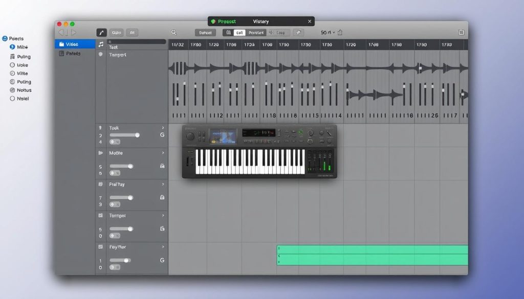 A digital interface of the GarageBand audio workstation, featuring a grid-like layout with various MIDI tracks and controls. The center of the screen displays a virtual MIDI keyboard, surrounded by mixing consoles, volume sliders, and transport controls. The background is a subtle, neutral-toned gradient, allowing the interface elements to stand out clearly. The overall scene conveys a professional, studio-like atmosphere, with a clean and organized aesthetic suitable for integrating a Yamaha piano into the GarageBand workflow.