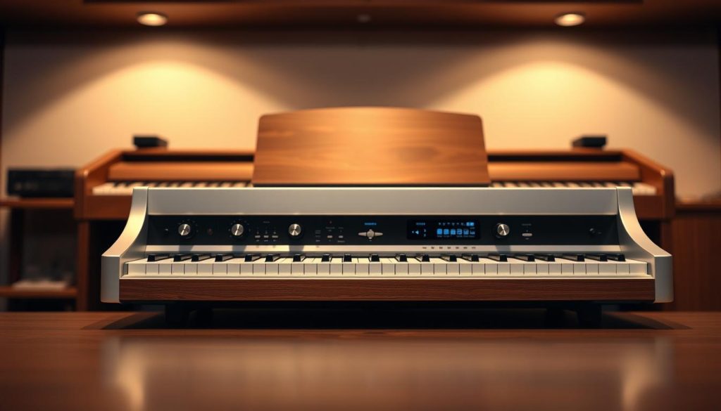 A high-end, professional-grade electric piano amplifier with a sleek, modern design. The amplifier is positioned in the foreground, with a clean, white or silver metallic finish that reflects the ambient lighting. The controls and knobs are precisely detailed, hinting at the amplifier's advanced features and sound quality. In the middle ground, the amplifier is placed on a wooden or brushed metal stand, creating a sense of solidity and stability. The background is softly blurred, allowing the viewer to focus on the amplifier's elegant form and the overall premium aesthetic. The lighting is warm and flattering, casting subtle shadows that accentuate the amplifier's curves and contours. The overall mood is one of high-end refinement, perfectly suited to complement a Yamaha electric piano.