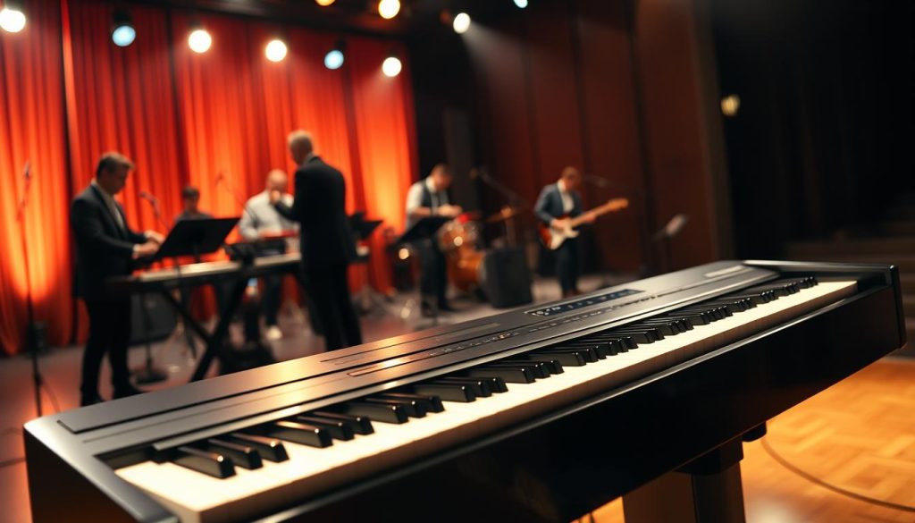 A high-quality image showcasing a Roland RD stage piano prominently in the foreground, with its sleek, modern design and vibrant black finish highlighted under soft, dramatic stage lighting. The keys should be illuminated to emphasize their response and craftsmanship, adding a dynamic feel. In the middle ground, blurred silhouettes of musicians in professional attire can be seen engaging with the piano, creating a lively atmosphere, while in the background, a subtly lit stage setting enhances the performance vibe, with curtains drawn back and subtle spotlights. The overall mood is energetic and inspiring, perfect for live performances, captured from a slightly low angle to emphasize the piano's grandeur. A high-quality image showcasing a Roland RD stage piano prominently in the foreground, with its sleek, modern design and vibrant black finish highlighted under soft, dramatic stage lighting. The keys should be illuminated to emphasize their response and craftsmanship, adding a dynamic feel. In the middle ground, blurred silhouettes of musicians in professional attire can be seen engaging with the piano, creating a lively atmosphere, while in the background, a subtly lit stage setting enhances the performance vibe, with curtains drawn back and subtle spotlights. The overall mood is energetic and inspiring, perfect for live performances, captured from a slightly low angle to emphasize the piano's grandeur.