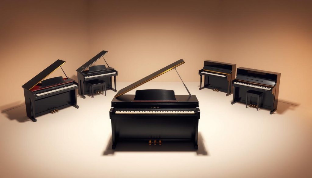 A high-quality photorealistic image showcasing the comparison of multiple Yamaha piano models. In the foreground, center stage, a Yamaha DGX-660 portable grand piano, its glossy ebony finish glistening under warm, directional lighting. Surrounding it, arranged in a visually balanced composition, are other Yamaha piano models such as the Clavinova, Arius, and U1 upright, each with distinct design elements and features highlighted. The background is a minimalist studio setting, with a neutral color palette allowing the pianos to take center stage. The overall mood is one of elegant simplicity, inviting the viewer to closely examine and compare the nuanced differences between these Yamaha piano offerings. A high-quality photorealistic image showcasing the comparison of multiple Yamaha piano models. In the foreground, center stage, a Yamaha DGX-660 portable grand piano, its glossy ebony finish glistening under warm, directional lighting. Surrounding it, arranged in a visually balanced composition, are other Yamaha piano models such as the Clavinova, Arius, and U1 upright, each with distinct design elements and features highlighted. The background is a minimalist studio setting, with a neutral color palette allowing the pianos to take center stage. The overall mood is one of elegant simplicity, inviting the viewer to closely examine and compare the nuanced differences between these Yamaha piano offerings.