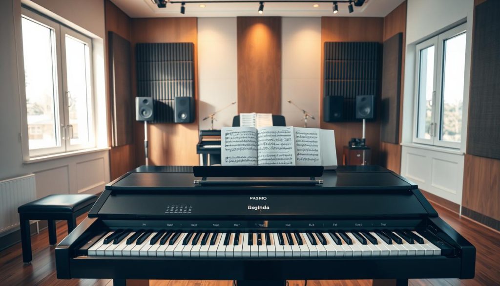 A modern digital piano showcased in an elegant music studio setting. In the foreground, the sleek, glossy black piano with a full 88-key keyboard is highlighted, reflecting soft overhead lighting. The piano sits on a polished wooden floor, with an open sheet of music next to it. In the middle ground, stylish, sound-absorbing acoustic panels adorn the walls, while a comfortable piano bench matches the piano's design. In the background, large windows let in natural light, illuminating the room with a warm, inviting atmosphere. The scene conveys a sense of inspiration and creativity, perfect for beginner pianists exploring their musical journey. The composition focuses on the piano and its environment, emphasizing quality and sophistication.