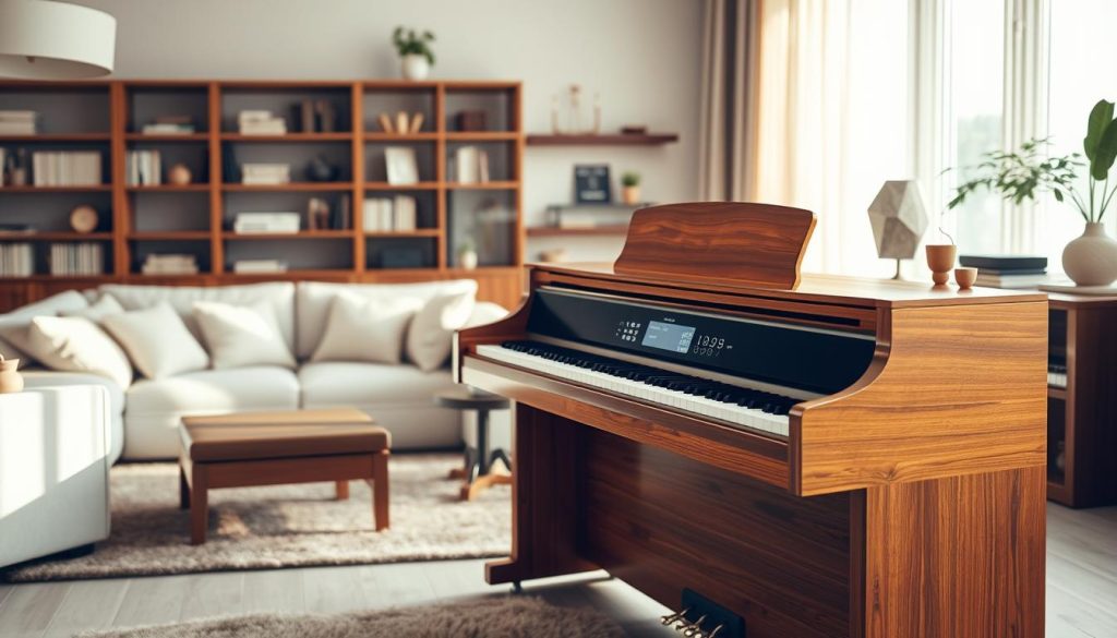 A modern hybrid piano elegantly positioned in a well-lit, stylish room that blends traditional and contemporary design elements. In the foreground, the piano features an exquisite polished wooden finish with sleek digital controls subtly integrated into the traditional body. The middle of the composition shows a cozy seating area with soft textures, including a plush rug and elegant curtains filtering warm sunlight. In the background, shelves lined with music books and decorative items enhance the ambiance of artistry and innovation. The overall mood is inviting and inspiring, with a focus on the harmony between classic musical craftsmanship and advanced technology. Utilize soft, diffused lighting to create a sense of warmth and creativity, captured at a slight angle to showcase the piano's features effectively.
