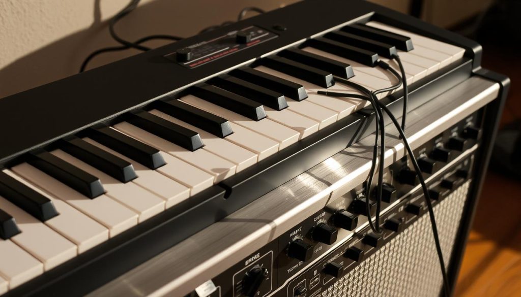 A professional-grade electric piano keyboard sits atop a sleek, modern amplifier. The keyboard's black and silver keys gleam under soft, directional lighting, casting subtle shadows across the amplifier's brushed metal surface. A tangle of cables snakes from the keyboard into the amplifier's input jacks, ready to transmit the rich, nuanced tones of the instrument. The amplifier's control panel is adorned with an array of knobs and switches, allowing for precise customization of the sound - from booming low-end to sparkling highs, all shaped by the player's touch. The overall scene conveys a sense of technical sophistication and musical potential, ready to elevate the electric piano experience.