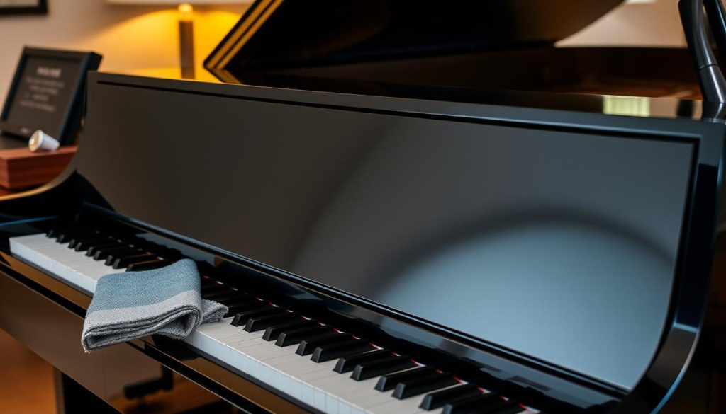 A sleek, high-gloss black lacquered piano stands in a warm, softly lit interior. The piano's surface reflects the room's ambiance, creating a sense of depth and elegance. Nearby, a microfiber cloth and a small bottle of piano polish rest on a wooden side table, hinting at the meticulous care required to maintain the piano's pristine appearance. The composition emphasizes the piano's sculptural form, with clean lines and a striking contrast between the glossy black and the surrounding neutral tones. The lighting accentuates the piano's smooth, reflective finish, casting gentle shadows that add depth and dimension to the scene.