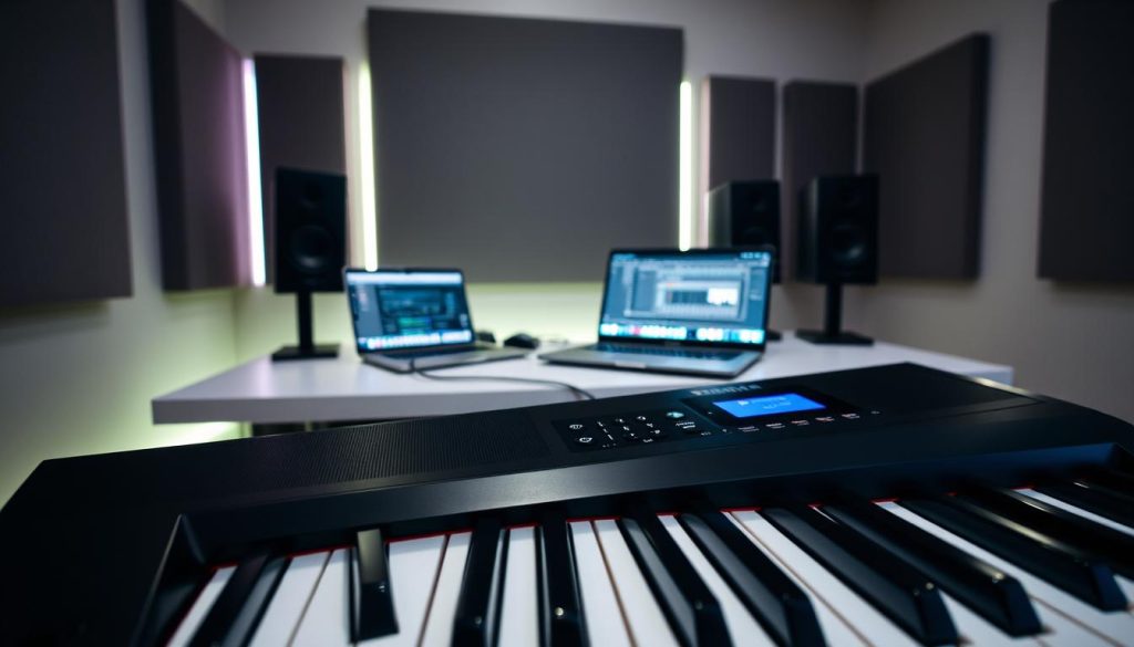 A sleek, modern Yamaha digital piano prominently positioned in the foreground, showcasing its elegant design. The keyboard is illuminated with soft, ambient lighting that highlights the keys and digital interface. In the middle ground, a connecting cable can be seen linking the piano to a stylish laptop displaying music production software, emphasizing modern connectivity options. In the background, a minimalistic home studio setting features acoustic panels and a subtle glow from LED lights, fostering a creative atmosphere. The image captures a sense of innovation and musical expression, inviting viewers into the world of digital music creation. The angle is slightly elevated, focusing on the keyboard and connection, evoking a professional and inspiring mood.