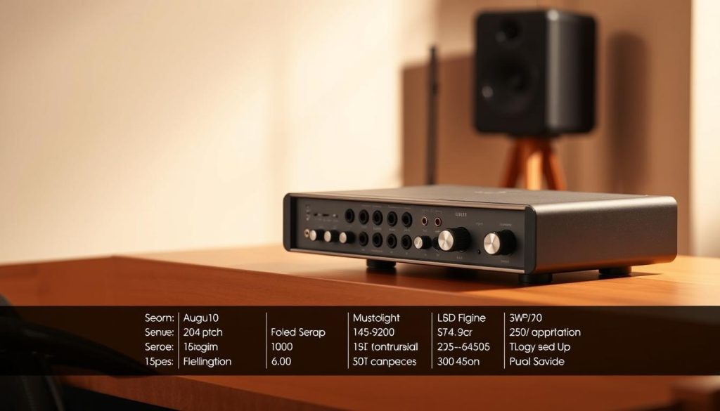 A sleek, modern amplifier on a wooden table, its technical specifications displayed in a minimalist layout. The amplifier's controls and inputs are clearly visible, showcasing its versatility. The background is softly blurred, with a neutral color palette that emphasizes the amplifier's design. Warm, directional lighting highlights the amplifier's curves and textures, creating a sense of depth and dimension. The overall composition is clean and balanced, drawing the viewer's attention to the technical details of the device.