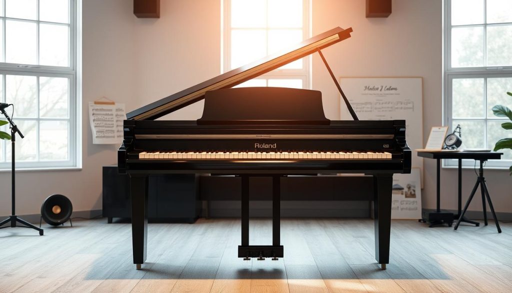 A sleek, modern digital grand piano from the Roland GP series takes center stage, elegantly positioned in a well-lit, contemporary music studio. The piano has a glossy black finish with subtle reflections, showcasing its sophisticated curves and design. Soft spotlighting creates a warm ambiance, accentuating the piano's intricate details, including the polished keys and stylish control panel. In the background, a tasteful arrangement of music sheets and a vintage metronome add depth, while large windows let in natural light, illuminating the space with a serene glow. The scene conveys a sense of inspiration and creativity, ideal for music enthusiasts and professionals alike. The composition captures the essence of advanced digital piano technology, inviting viewers to explore its features and sound. A sleek, modern digital grand piano from the Roland GP series takes center stage, elegantly positioned in a well-lit, contemporary music studio. The piano has a glossy black finish with subtle reflections, showcasing its sophisticated curves and design. Soft spotlighting creates a warm ambiance, accentuating the piano's intricate details, including the polished keys and stylish control panel. In the background, a tasteful arrangement of music sheets and a vintage metronome add depth, while large windows let in natural light, illuminating the space with a serene glow. The scene conveys a sense of inspiration and creativity, ideal for music enthusiasts and professionals alike. The composition captures the essence of advanced digital piano technology, inviting viewers to explore its features and sound.