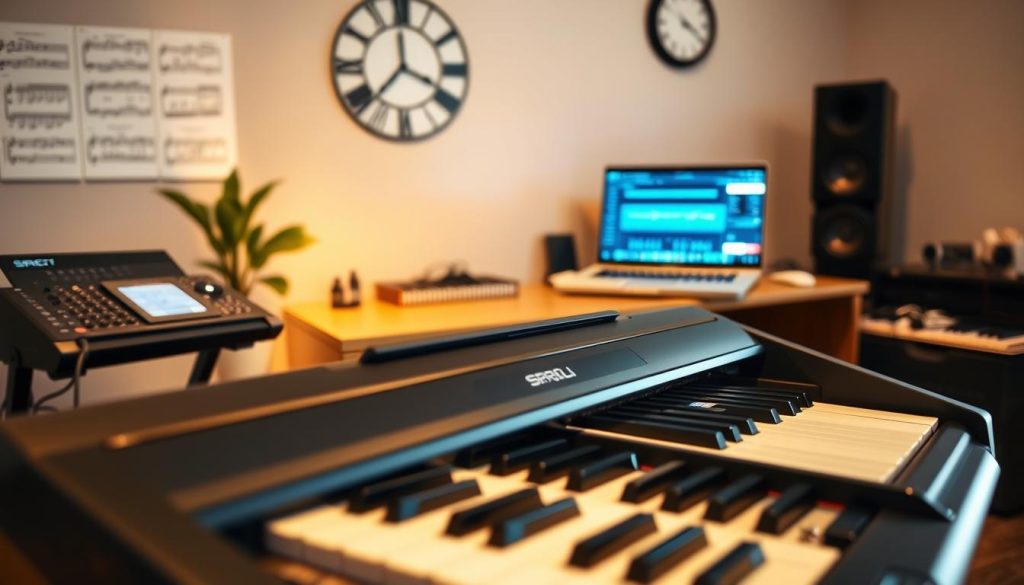 A sleek, modern digital piano sits prominently in the foreground, showcasing its elegant design with glossy black finish and touch-sensitive keys. The piano is illuminated by soft, warm lighting that highlights its sophisticated features. Surrounding the piano, a home studio environment is depicted, with a few electronic elements such as a MIDI controller and a laptop displaying music software, symbolizing its electronic functionalities. In the background, a gently blurred wall adorned with music sheets and a stylish wall clock creates a cozy atmosphere, suggesting a space for creativity and practice. The overall mood is inspiring and professional, inviting musicians to engage with the technology for their musical development. The camera angle is slightly above eye level, focusing on the piano to emphasize its importance in the digital music journey. A sleek, modern digital piano sits prominently in the foreground, showcasing its elegant design with glossy black finish and touch-sensitive keys. The piano is illuminated by soft, warm lighting that highlights its sophisticated features. Surrounding the piano, a home studio environment is depicted, with a few electronic elements such as a MIDI controller and a laptop displaying music software, symbolizing its electronic functionalities. In the background, a gently blurred wall adorned with music sheets and a stylish wall clock creates a cozy atmosphere, suggesting a space for creativity and practice. The overall mood is inspiring and professional, inviting musicians to engage with the technology for their musical development. The camera angle is slightly above eye level, focusing on the piano to emphasize its importance in the digital music journey.