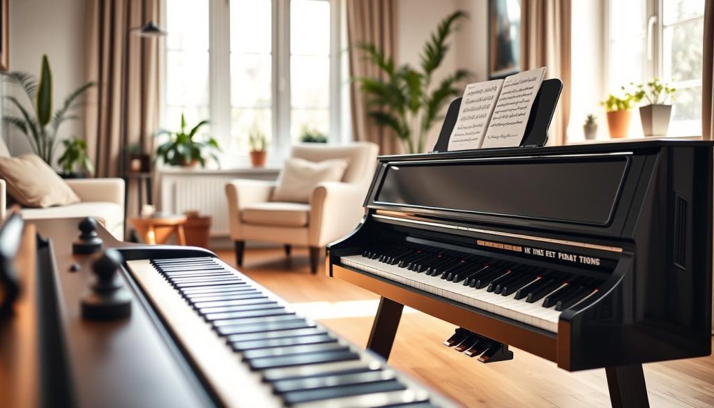 A sleek, modern portable piano placed in a well-lit, cozy living room setting. The foreground showcases the piano with its glossy black finish and white keys, inviting a sense of elegance. In the middle, a comfortable chair and a music stand with sheet music hint at a casual practice space. The background features a large window letting in soft, natural light that creates a warm atmosphere, accompanied by a few potted plants for a touch of greenery. The room is tastefully decorated, enhancing the inviting mood for beginners. The scene is captured from a slightly elevated angle, emphasizing the piano while maintaining a cozy ambiance, perfect for a beginner pianist. No people are present in the image.