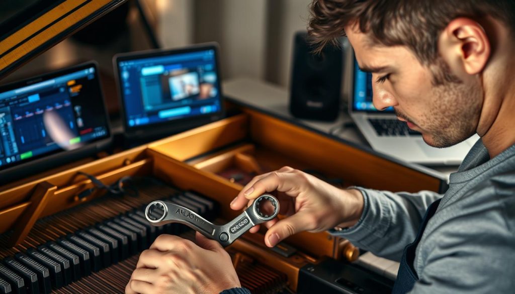 A technician with a wrench and tools repairing the inner workings of a grand piano, with a laptop and audio cables nearby. The scene is well-lit, with soft, directional lighting highlighting the intricate details of the piano's mechanisms. The technician's face is focused, their brow furrowed in concentration as they troubleshoot the issue. In the background, a blurred image of a laptop screen displays a music production software interface, hinting at the larger context of the repair work. The overall atmosphere conveys a sense of technical expertise and problem-solving, reflecting the "Problèmes courants et solutions" section of the article.