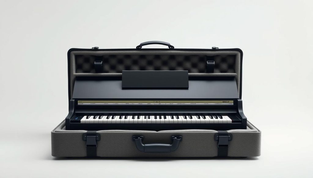 A well-crafted digital piano protective case in a neutral color, made of durable, scratch-resistant materials. The case features thick, high-density foam padding to cushion the Yamaha digital piano, with secure straps and handles for easy transport. Shown in a clean, minimalist studio setting with soft, diffused lighting, highlighting the case's sleek, modern design. The overall composition conveys a sense of care and attention to protecting the valuable musical instrument. A well-crafted digital piano protective case in a neutral color, made of durable, scratch-resistant materials. The case features thick, high-density foam padding to cushion the Yamaha digital piano, with secure straps and handles for easy transport. Shown in a clean, minimalist studio setting with soft, diffused lighting, highlighting the case's sleek, modern design. The overall composition conveys a sense of care and attention to protecting the valuable musical instrument.