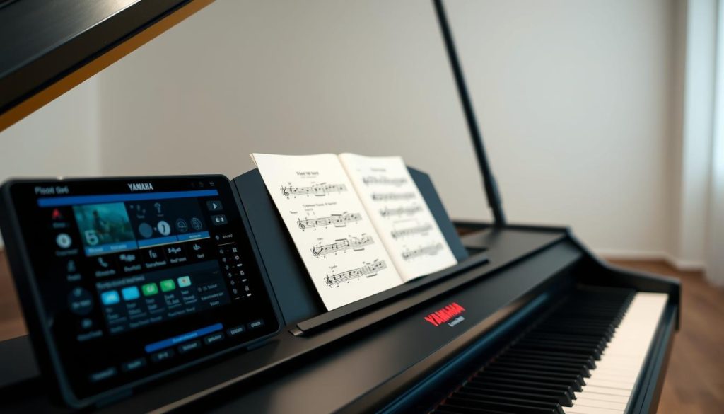 A well-lit, detailed view of the advanced learning features on the Yamaha DGX-660 portable grand piano. In the foreground, the piano's control panel is prominently displayed, showcasing its intuitive touch screen interface and array of buttons for accessing various learning modes and accompaniment styles. The middle ground features the piano's music rest, with sheet music open, highlighting its ability to display digital scores. In the background, a clean, minimalist studio environment with soft, diffused lighting creates a serene, focused atmosphere conducive to learning and practice. The overall composition emphasizes the piano's user-friendly design and its versatile, technology-driven learning capabilities. A well-lit, detailed view of the advanced learning features on the Yamaha DGX-660 portable grand piano. In the foreground, the piano's control panel is prominently displayed, showcasing its intuitive touch screen interface and array of buttons for accessing various learning modes and accompaniment styles. The middle ground features the piano's music rest, with sheet music open, highlighting its ability to display digital scores. In the background, a clean, minimalist studio environment with soft, diffused lighting creates a serene, focused atmosphere conducive to learning and practice. The overall composition emphasizes the piano's user-friendly design and its versatile, technology-driven learning capabilities.