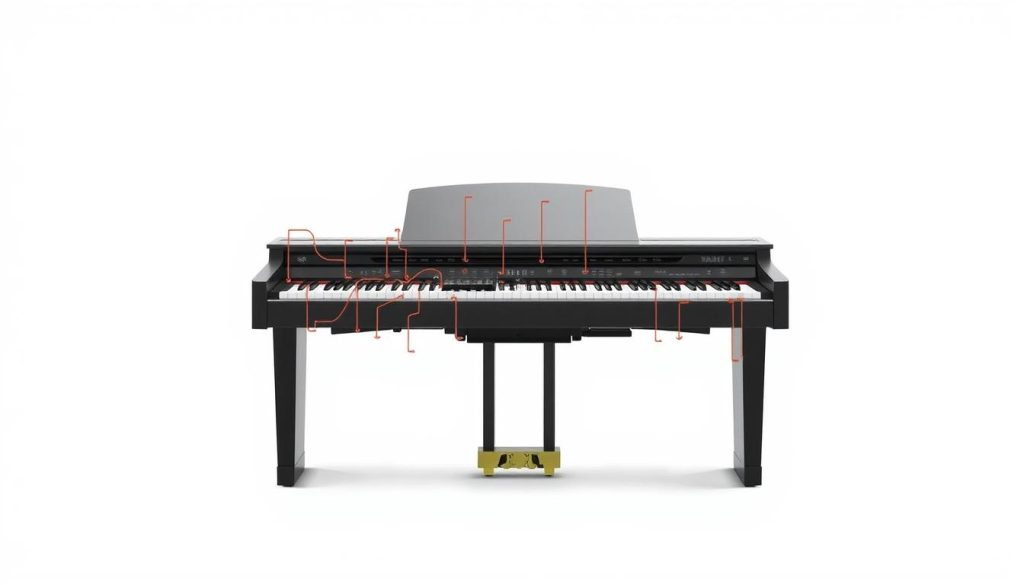A well-lit, high-resolution studio photograph showcasing the connectivity features of the Yamaha DGX-660 portable grand piano. The piano is centered in the frame, with its various input/output ports, MIDI connections, and accessory interfaces clearly visible. The image has a clean, minimalist composition, with a plain white background that allows the piano's features to be the primary focus. Soft, even lighting accentuates the piano's sleek, modern design. The camera angle is slightly elevated, providing an ergonomic perspective on the piano's controls and connectivity options. The overall mood is professional, technical, and informative, highlighting the DGX-660's versatile connectivity for the article's "Connectivité et accessoires inclus" section. A well-lit, high-resolution studio photograph showcasing the connectivity features of the Yamaha DGX-660 portable grand piano. The piano is centered in the frame, with its various input/output ports, MIDI connections, and accessory interfaces clearly visible. The image has a clean, minimalist composition, with a plain white background that allows the piano's features to be the primary focus. Soft, even lighting accentuates the piano's sleek, modern design. The camera angle is slightly elevated, providing an ergonomic perspective on the piano's controls and connectivity options. The overall mood is professional, technical, and informative, highlighting the DGX-660's versatile connectivity for the article's "Connectivité et accessoires inclus" section.