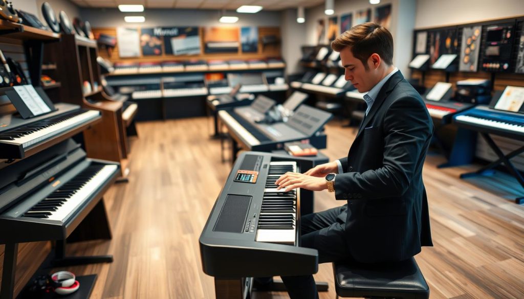 A well-lit music store interior showcasing a variety of digital pianos and instruments on display. In the foreground, a person in smart casual attire is seated at a sleek, modern digital piano, their hands poised above the keys as they test the instrument. The middle ground highlights additional digital pianos arranged neatly, with some accessories like headphones and sheet music nearby. The background features rows of colorful keyboards and music-related posters on the walls. Soft, warm lighting illuminates the scene, creating an inviting atmosphere, while a shallow depth of field draws focus to the tester and the instrument. The overall mood conveys an enjoyable and engaging experience of testing musical instruments in a retail setting. A well-lit music store interior showcasing a variety of digital pianos and instruments on display. In the foreground, a person in smart casual attire is seated at a sleek, modern digital piano, their hands poised above the keys as they test the instrument. The middle ground highlights additional digital pianos arranged neatly, with some accessories like headphones and sheet music nearby. The background features rows of colorful keyboards and music-related posters on the walls. Soft, warm lighting illuminates the scene, creating an inviting atmosphere, while a shallow depth of field draws focus to the tester and the instrument. The overall mood conveys an enjoyable and engaging experience of testing musical instruments in a retail setting.