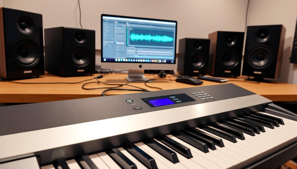 A well-lit studio workspace with a professional audio setup. In the foreground, a sleek Yamaha piano keyboard takes center stage, its keys gleaming under soft, even lighting. On the desk, a MacBook running GarageBand is open, its interface displaying various sound optimization tools and meters. Cables snake across the surface, connecting the piano to the computer. In the background, high-quality studio monitors stand tall, ready to provide pristine audio playback. The overall atmosphere is one of focused creativity, with attention to detail and a commitment to achieving the perfect sound.