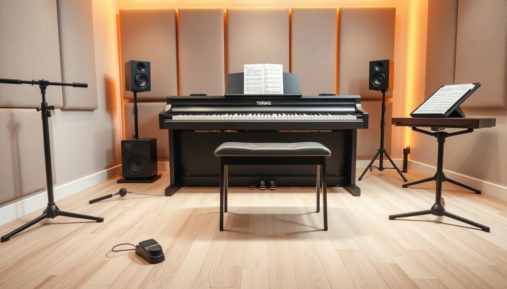 A well-organized music studio showcasing essential accessories for installing a Yamaha digital piano. In the foreground, neatly arranged accessories such as a piano stand, a quality sustain pedal, a stylish keyboard bench, and a music stand with sheet music. The middle layer features a polished digital piano in a modern design, elegantly placed on a light wooden floor. The background displays soundproofing panels and an ambient LED lighting setup that creates a cozy, inviting atmosphere. Soft, warm lighting enhances the scene, casting gentle shadows for depth. Camera angle slightly from above captures the overall arrangement while maintaining focus on the accessories. The mood is creative and encouraging, perfect for aspiring musicians setting up their space.