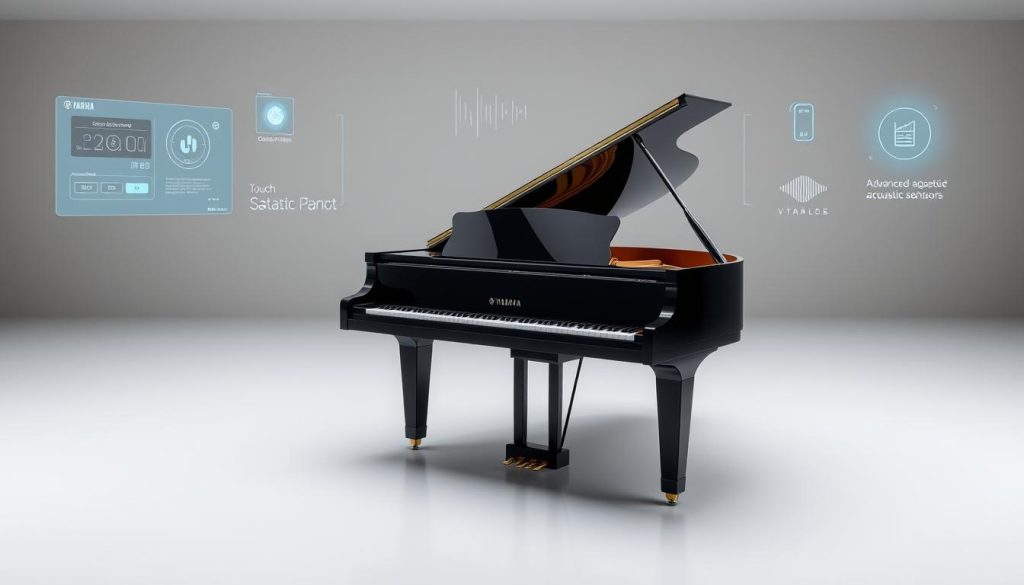 a photograph of a modern black lacquered Yamaha piano in a sleek, minimalist studio setting, with dramatic lighting highlighting the piano's elegant curves and glossy finish. The piano is surrounded by futuristic technological elements such as holographic displays, touch-sensitive control panels, and advanced acoustic sensors, showcasing Yamaha's innovative piano technologies. The background is a clean, neutral space, allowing the piano and its technological features to take center stage. The overall mood is one of sophistication, innovation, and the seamless integration of traditional craftsmanship with cutting-edge technology.