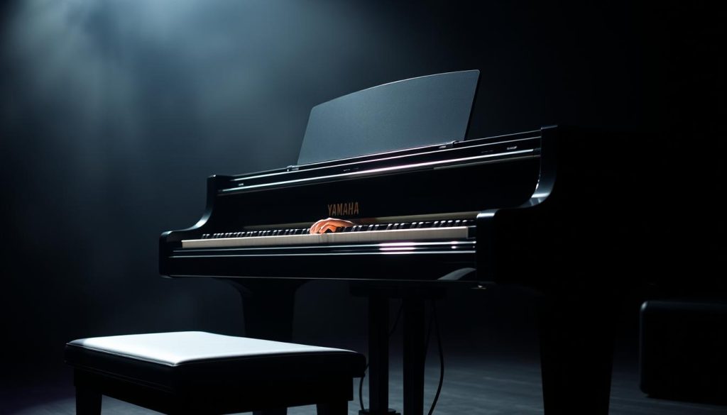 A Yamaha CP88 piano sitting on a dimly lit concert stage, with soft, dramatic lighting illuminating the instrument's sleek, black lacquered body. The keyboard is gently caressed by the hands of a skilled pianist, their fingers dancing across the keys, coaxing out rich, resonant tones that fill the air. The piano is the focal point, surrounded by the hazy, atmospheric backdrop of the stage, suggesting a sense of performance and artistic expression. The scene conveys a mood of contemplation and exploration, inviting the viewer to immerse themselves in the nuanced, expressive capabilities of this versatile digital piano.