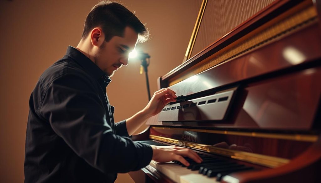 A Yamaha piano technician diligently adjusting the strings and mechanisms of an upright piano, bathed in warm studio lighting and captured from a mid-level angle. The technician's focused expression and precise movements convey their expertise as they meticulously tune and optimize the instrument's acoustic performance. The piano's polished mahogany frame and gleaming keys are prominently featured, hinting at the impressive results of the technician's careful work. A sense of calm professionalism pervades the scene, suggesting the optimal acoustic outcomes that can be achieved through professional piano maintenance and adjustment. A Yamaha piano technician diligently adjusting the strings and mechanisms of an upright piano, bathed in warm studio lighting and captured from a mid-level angle. The technician's focused expression and precise movements convey their expertise as they meticulously tune and optimize the instrument's acoustic performance. The piano's polished mahogany frame and gleaming keys are prominently featured, hinting at the impressive results of the technician's careful work. A sense of calm professionalism pervades the scene, suggesting the optimal acoustic outcomes that can be achieved through professional piano maintenance and adjustment.