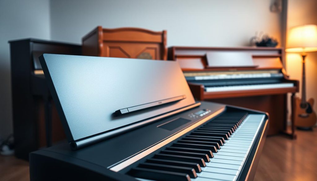 A beautifully arranged still-life composition featuring a variety of digital pianos from different historical periods, showcasing their evolution in design and technology. In the foreground, an elegant modern digital piano with touch-sensitive keys is displayed prominently, reflecting sleek lines and advanced technology. The middle ground features older models, such as a classic wooden upright and a vintage electric piano, illustrating the transition from traditional to modern. The background presents a blurred musical setting, with soft lighting that creates a warm, nostalgic mood, highlighting the significance of the digital piano's history. The scene is perfectly lit to emphasize the textures and details of the instruments, captured from a slightly elevated angle to comprehensively show the keys and design features.