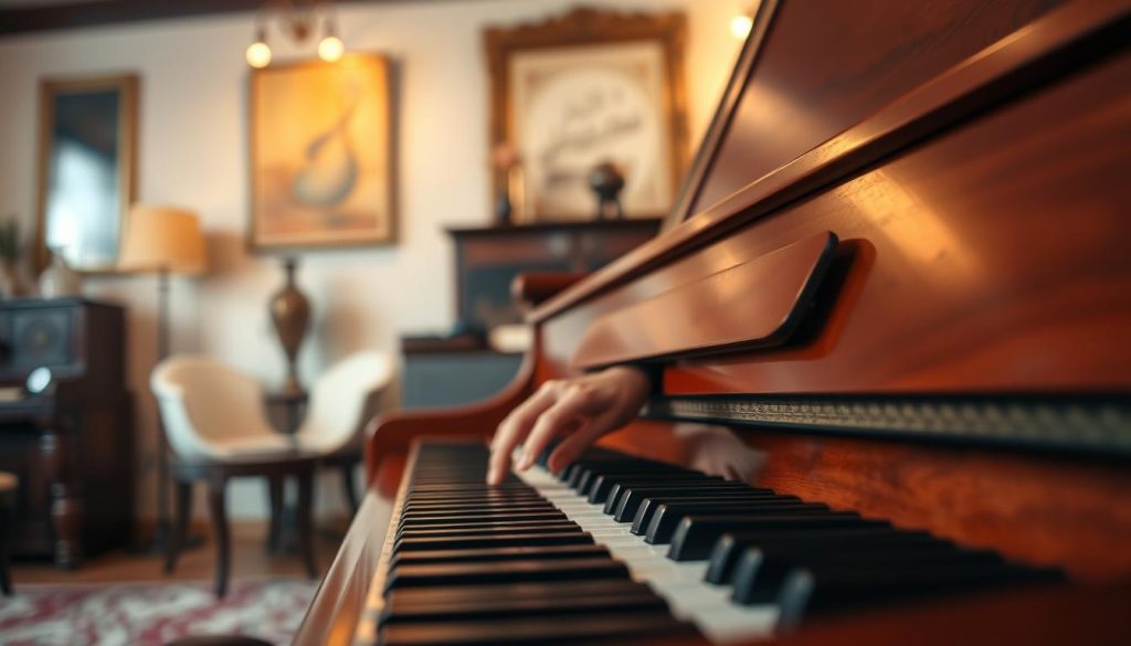 A beautifully detailed acoustic piano with 88 keys, positioned prominently in the foreground. The piano features polished wood with rich mahogany tones, reflecting warm ambient light. In the middle ground, a hand is gently resting on the keys, demonstrating a moment of touch, showcasing the profound sensitivity required in playing. The background is softly blurred, indicating a music room filled with elegant decor, wall art reflecting musical themes, and warm lighting that creates an inviting atmosphere. The lens captures a slight angle that emphasizes the piano’s graceful curves and the intricacy of the keys. The overall mood is serene and contemplative, conveying the deep emotional connection between the musician and the instrument.
