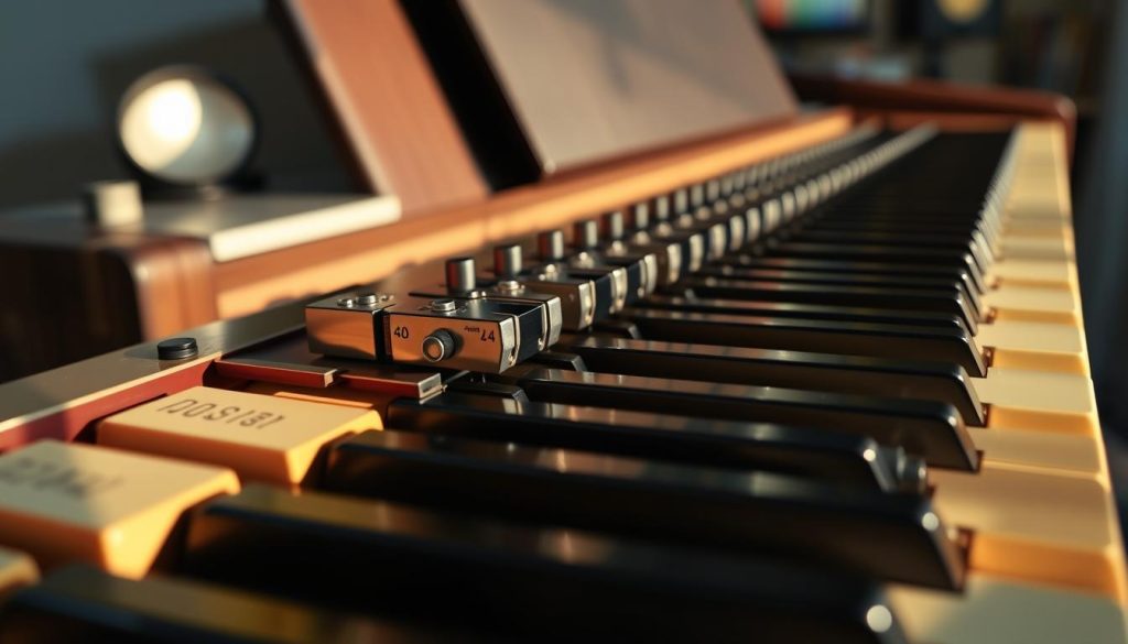 A close-up image of a graduated hammer mechanism used in digital pianos, showcasing the intricate details of the keys and action. In the foreground, bright, polished wooden piano keys with clear markings revealing the action sensitivity levels. The midground highlights the graduated hammer assembly with a focus on the smooth, mechanical components that allow for varied touch responses. The background features a softly blurred digital piano surrounded by ambient lighting that creates a warm, inviting atmosphere, suggesting a home music studio. Use natural light to enhance the textures and metallic finishes, captured at a slight angle to emphasize the depth and complexity of the action mechanism. The mood should feel professional yet approachable, ideal for music enthusiasts. A close-up image of a graduated hammer mechanism used in digital pianos, showcasing the intricate details of the keys and action. In the foreground, bright, polished wooden piano keys with clear markings revealing the action sensitivity levels. The midground highlights the graduated hammer assembly with a focus on the smooth, mechanical components that allow for varied touch responses. The background features a softly blurred digital piano surrounded by ambient lighting that creates a warm, inviting atmosphere, suggesting a home music studio. Use natural light to enhance the textures and metallic finishes, captured at a slight angle to emphasize the depth and complexity of the action mechanism. The mood should feel professional yet approachable, ideal for music enthusiasts.