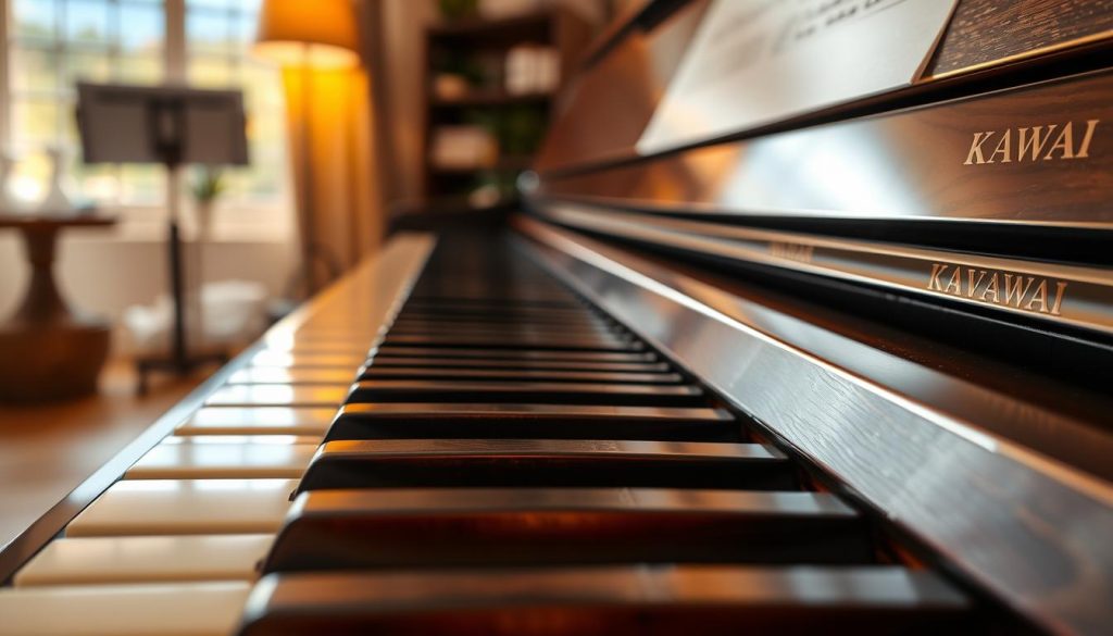 A close-up view of a Kawai digital piano, specifically focusing on the unique wood touch keys that exemplify craftsmanship and quality. The foreground features the elegantly crafted wooden keys glistening under soft, warm lighting, highlighting their rich texture and finish. In the middle ground, the polished body of the piano reflects subtle shadows, showcasing its sophisticated design. The background includes a softly blurred, cozy room with an inviting ambiance, perhaps with a hint of a music stand and sheet music, enhancing the piano's role in a musician's environment. The composition should evoke a feeling of joy and professionalism, inviting viewers to imagine themselves playing this exceptional instrument. Capture this scene with a shallow depth of field to emphasize the keys. A close-up view of a Kawai digital piano, specifically focusing on the unique wood touch keys that exemplify craftsmanship and quality. The foreground features the elegantly crafted wooden keys glistening under soft, warm lighting, highlighting their rich texture and finish. In the middle ground, the polished body of the piano reflects subtle shadows, showcasing its sophisticated design. The background includes a softly blurred, cozy room with an inviting ambiance, perhaps with a hint of a music stand and sheet music, enhancing the piano's role in a musician's environment. The composition should evoke a feeling of joy and professionalism, inviting viewers to imagine themselves playing this exceptional instrument. Capture this scene with a shallow depth of field to emphasize the keys.