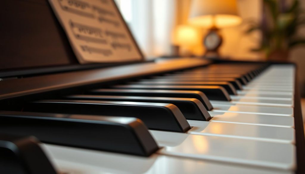 A close-up view of a digital piano keyboard, emphasizing the "longueur des touches" or key length. In the foreground, highlight a pair of elegantly crafted black and white keys, showcasing their slight variations in length and depth. In the middle ground, capture the subtle textures of the piano's body and the soft sheen of the keys, reflecting warm ambient light. In the background, hint at a softly blurred room with a cozy ambiance, perhaps featuring musical notes or a softly glowing lamp, which contributes to a serene, introspective atmosphere. Use soft, natural lighting to create an inviting mood, and a slight angle to suggest perspective, drawing the viewer's eye towards the keys. Ensure the scene appears polished and professional, suitable for a discerning audience. A close-up view of a digital piano keyboard, emphasizing the "longueur des touches" or key length. In the foreground, highlight a pair of elegantly crafted black and white keys, showcasing their slight variations in length and depth. In the middle ground, capture the subtle textures of the piano's body and the soft sheen of the keys, reflecting warm ambient light. In the background, hint at a softly blurred room with a cozy ambiance, perhaps featuring musical notes or a softly glowing lamp, which contributes to a serene, introspective atmosphere. Use soft, natural lighting to create an inviting mood, and a slight angle to suggest perspective, drawing the viewer's eye towards the keys. Ensure the scene appears polished and professional, suitable for a discerning audience.