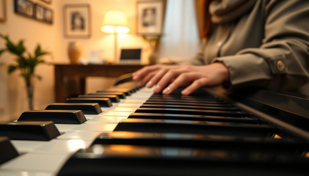 A close-up view of a digital piano keyboard, highlighting its sensitive keys, with some keys pressed down to illustrate varying pressure response. In the foreground, focus on the polished black and white keys, glimmering under soft, warm ambient light that accentuates their textures. The middle ground shows a musician’s hands in a professional, modest outfit gracefully playing, demonstrating the importance of key sensitivity through expression and technique. In the background, a softly blurred room with hints of musical notes and a serene atmosphere, conveying a sense of focus and creativity. The lighting is warm and inviting, creating a cozy, inspiring mood. Capture this scene with a slightly elevated angle to provide depth and context while ensuring all elements remain crisp.