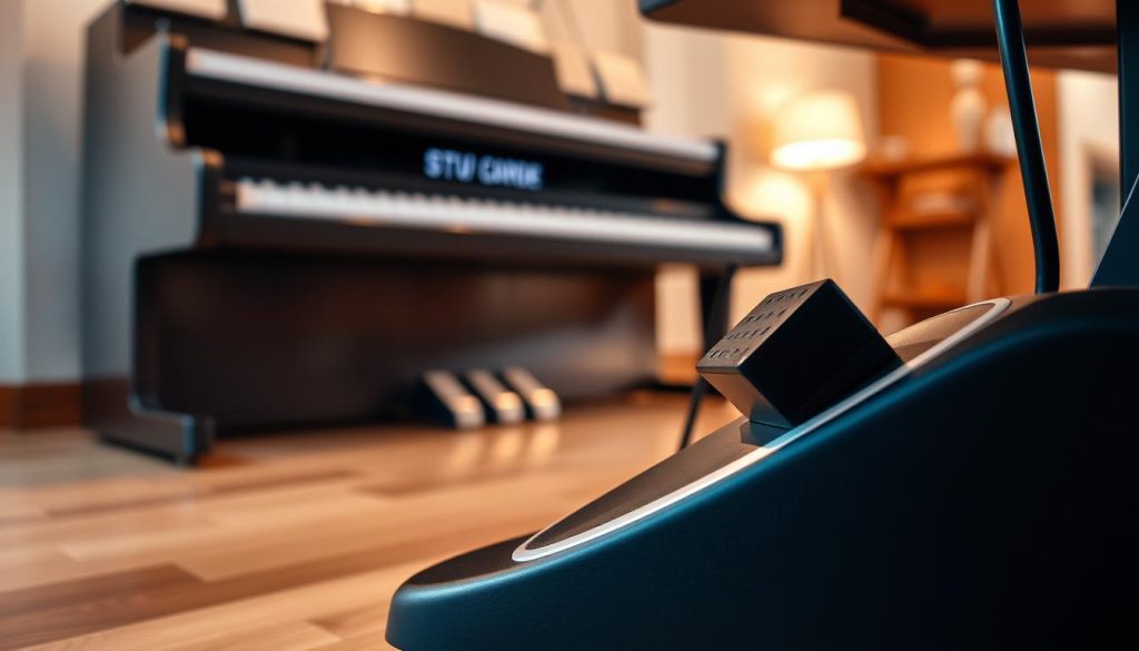A close-up view of a digital piano pedal setup, showcasing the pedals in detail. In the foreground, focus on a sleek, modern sustain pedal made of metallic and black plastic materials, reflecting soft ambient light. In the middle ground, a stylish digital piano is slightly blurred, emphasizing its elegant curves and high-tech finishes. The background features a warm, softly lit room with wooden flooring, creating a cozy atmosphere ideal for music creation. The lighting should be soft and inviting, casting gentle shadows that highlight the craftsmanship of the pedals. Convey a sense of creativity and musical expression through the visual composition, inviting viewers to imagine the emotional depth a pianist can achieve with these tools.