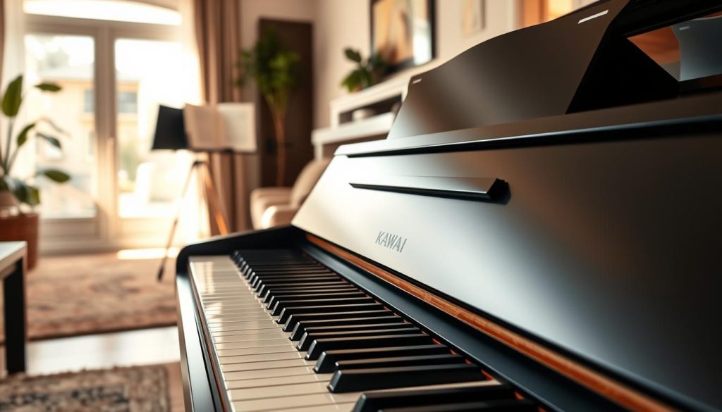 A contemporary Kawai digital piano showcased in an inviting home setting. In the foreground, the sleek and elegant design of the Kawai piano, with polished black finish and glossy keys, draws attention. The middle ground features a cozy living room with soft, warm lighting, highlighting the piano's sophisticated curves and modern features. A stylish music stand holds sheet music, hinting at a musician's presence. In the background, light from a window casts gentle shadows, creating a serene atmosphere. The scene conveys a welcoming vibe, suitable for both beginners and advanced players. The angle captures the piano from a slight above perspective, emphasizing its craftsmanship and the potential for musical expression. A contemporary Kawai digital piano showcased in an inviting home setting. In the foreground, the sleek and elegant design of the Kawai piano, with polished black finish and glossy keys, draws attention. The middle ground features a cozy living room with soft, warm lighting, highlighting the piano's sophisticated curves and modern features. A stylish music stand holds sheet music, hinting at a musician's presence. In the background, light from a window casts gentle shadows, creating a serene atmosphere. The scene conveys a welcoming vibe, suitable for both beginners and advanced players. The angle captures the piano from a slight above perspective, emphasizing its craftsmanship and the potential for musical expression.
