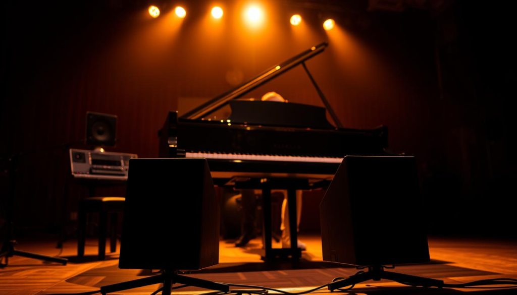 A dimly lit stage, the Yamaha CP88 piano standing center-frame, its sleek black chassis illuminated by warm, focused lighting. The pianist's hands glide effortlessly across the weighted keys, the sound filling the air with a rich, resonant tone. In the foreground, a pair of high-quality studio monitors provide precise, immersive monitoring, their angled placement creating an optimal sound field. The background is subtly blurred, emphasizing the piano and the monitoring setup as the focal points of the scene. The atmosphere is one of focused concentration, the performer fully engaged in the music, surrounded by the tools necessary to deliver a captivating live performance.