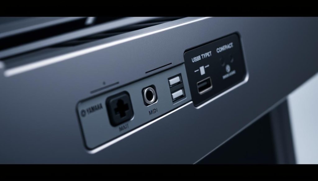 A highly detailed and technically accurate rendering of a Yamaha CP88 digital piano's MIDI and USB connectivity. The image should depict the rear panel of the instrument, showcasing the MIDI in/out ports and the USB Type-B port, all captured in a crisp, well-lit studio environment. The focus should be on these connection points, with the rest of the piano body providing context and visual balance. The lighting should be soft and even, accentuating the sleek, modern design of the CP88. The perspective should be slightly elevated, allowing the viewer to clearly see the layout and labeling of the connection ports. The overall mood should convey a sense of precision, functionality, and technical sophistication.