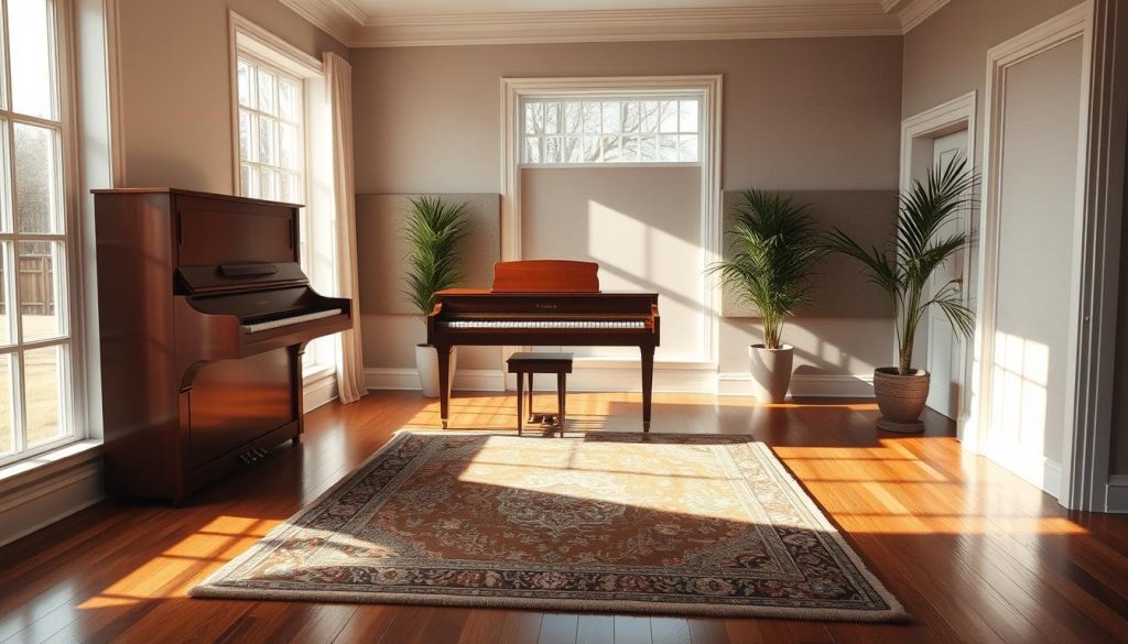 A meticulously detailed interior scene showcasing the optimal positioning of a Yamaha upright piano. Sunlight streams through large windows, casting a warm glow on the polished hardwood floor and elegantly furnished room. The piano stands at a 45-degree angle, its rich, mahogany body complementing the neutral-toned decor. Carefully placed acoustic panels line the walls, ensuring optimal sound quality. A plush, Persian rug anchors the space, while a pair of tall, potted plants frame the piano, adding a touch of natural elegance. The room's tranquil atmosphere encourages focused listening, inviting the viewer to appreciate the nuanced tones of the instrument in its perfectly optimized setting. A meticulously detailed interior scene showcasing the optimal positioning of a Yamaha upright piano. Sunlight streams through large windows, casting a warm glow on the polished hardwood floor and elegantly furnished room. The piano stands at a 45-degree angle, its rich, mahogany body complementing the neutral-toned decor. Carefully placed acoustic panels line the walls, ensuring optimal sound quality. A plush, Persian rug anchors the space, while a pair of tall, potted plants frame the piano, adding a touch of natural elegance. The room's tranquil atmosphere encourages focused listening, inviting the viewer to appreciate the nuanced tones of the instrument in its perfectly optimized setting.