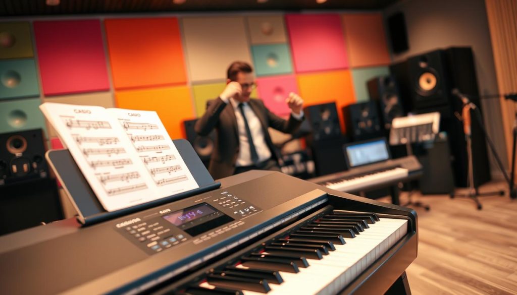 A modern Casio digital piano from the CTK series showcased in a well-lit, stylish music studio. In the foreground, the piano features a sleek, black finish with illuminated keys, while a set of sheet music rests on the music stand. In the middle ground, a musician, dressed in professional business attire, enthusiastically plays a chord, expressing creativity and versatility. The background is adorned with vibrant sound panels and neatly organized musical instruments, creating an inspiring atmosphere. Soft, warm lighting highlights the piano and musician, conveying a sense of innovation and performance. A slightly angled perspective from the right adds depth to the composition, focusing on the fusion of technology and artistry in music education. A modern Casio digital piano from the CTK series showcased in a well-lit, stylish music studio. In the foreground, the piano features a sleek, black finish with illuminated keys, while a set of sheet music rests on the music stand. In the middle ground, a musician, dressed in professional business attire, enthusiastically plays a chord, expressing creativity and versatility. The background is adorned with vibrant sound panels and neatly organized musical instruments, creating an inspiring atmosphere. Soft, warm lighting highlights the piano and musician, conveying a sense of innovation and performance. A slightly angled perspective from the right adds depth to the composition, focusing on the fusion of technology and artistry in music education.
