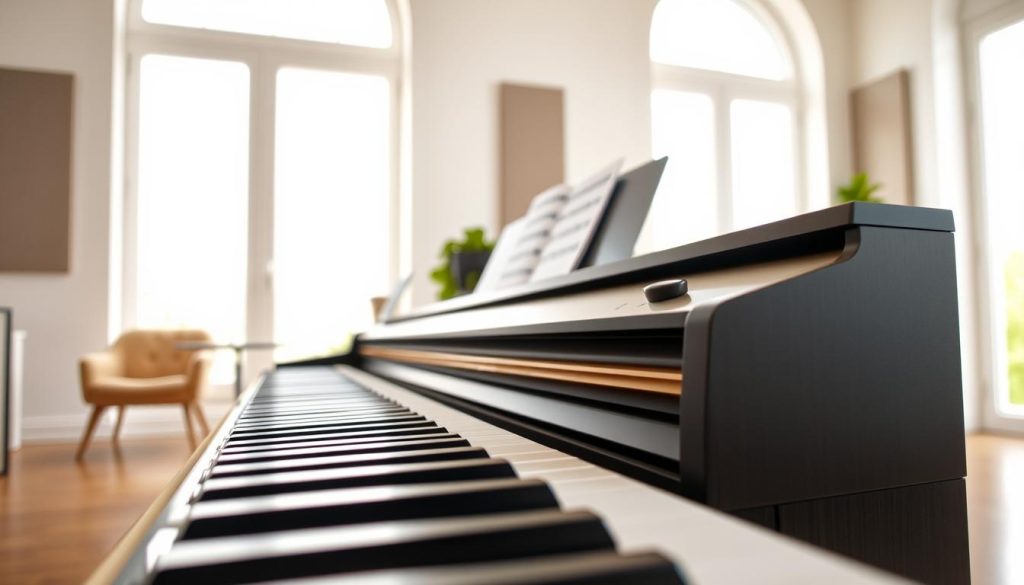 A modern digital piano from the Kawai ES series, elegantly designed with a sleek, modern finish. The piano is set in a bright, airy room with large windows that let in soft, natural light, highlighting its polished surface. In the foreground, the piano keys gleam, showcasing their high-quality materials, inviting the viewer to imagine playing them. In the middle ground, there are some sheet music and a stylish music stand, suggesting an engaging musical atmosphere. The background features subtle hints of acoustic panels on the walls, emphasizing sound clarity, and a comfortable chair that hints at a versatile practice space. The overall mood is inspiring and vibrant, making it perfect for a dedicated but casual pianist. A modern digital piano from the Kawai ES series, elegantly designed with a sleek, modern finish. The piano is set in a bright, airy room with large windows that let in soft, natural light, highlighting its polished surface. In the foreground, the piano keys gleam, showcasing their high-quality materials, inviting the viewer to imagine playing them. In the middle ground, there are some sheet music and a stylish music stand, suggesting an engaging musical atmosphere. The background features subtle hints of acoustic panels on the walls, emphasizing sound clarity, and a comfortable chair that hints at a versatile practice space. The overall mood is inspiring and vibrant, making it perfect for a dedicated but casual pianist.
