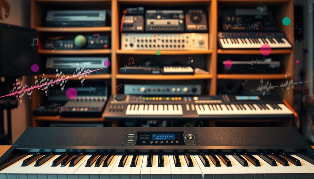 A modern digital piano keyboard sits prominently in the foreground, showcasing its sleek design and illuminated keys. Surrounding the piano, a variety of sound waveforms and visual representations of sound effects swirl in vibrant colors, illustrating the diverse tonal possibilities. In the middle background, shelves filled with synthesizers and sound modules create a studio-like atmosphere, hinting at an exploration of musical creativity. Soft, warm lighting bathes the scene, highlighting the piano's glossy finish and casting gentle shadows, while a subtle bokeh effect lends a sense of depth. The overall mood is inviting and inspirational, capturing the essence of musical exploration and innovation.