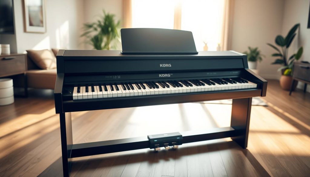 A sleek Korg LP-180 digital piano showcased in a bright, modern living room setting. The piano is positioned in the foreground, highlighting its elegant design and polished black finish, complete with 88 weighted keys. Soft sunlight streams through a large window in the background, creating a warm and inviting ambiance. The middle ground features a tasteful arrangement of potted plants and contemporary furniture, emphasizing a stylish yet cozy atmosphere. The scene is captured from a slightly elevated angle to accentuate the piano's keys and intricate detailing. The overall mood is serene and inspiring, perfect for conveying the elegance and functionality of the Korg LP-180 piano. Soft shadows enhance the depth without overpowering the image.