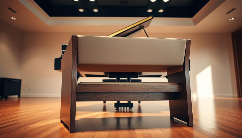 A sleek, adjustable piano bench in a well-lit room, with a warm, inviting atmosphere. The bench features smooth, polished wood and a plush, comfortable seat that can be adjusted to the ideal height for the pianist. The bench is positioned in front of a grand piano, casting a gentle reflection on the polished floor. Soft, diffused lighting from ceiling-mounted fixtures creates a cozy, studio-like ambiance, highlighting the bench's elegant design and the pianist's comfort. The scene evokes a sense of refined sophistication and the joy of musical performance.