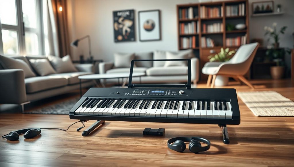 A sleek, modern compact digital piano with 88 keys sits prominently in the foreground, showcasing its slim design and elegant finish. The piano is set on a polished wooden floor and surrounded by practical accessories like a folding music stand and headphones, emphasizing its portability. In the middle ground, a cozy, well-lit music room features stylish furniture, creating a welcoming atmosphere. Soft, warm lighting filters through a nearby window, illuminating the piano and casting gentle shadows. The background highlights a bookshelf filled with music books and a small indoor plant, adding a touch of greenery. The overall mood is inviting and inspiring, perfect for a music enthusiast exploring the benefits of compact instruments.