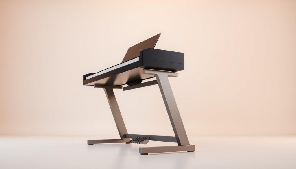 A sleek, modern digital piano stand in a well-lit studio setting. The Yamaha digital piano is positioned prominently, its glossy black finish reflecting the warm lighting. The stand is constructed from sturdy, brushed metal with clean lines and a minimalist design, providing a stable and ergonomic platform for the instrument. The camera angle captures the stand at a slight upward tilt, emphasizing its sturdy construction and the piano's elegant presence. The background features a plain, neutral-toned wall, allowing the piano and stand to be the focal point. Overall, the scene conveys a sense of professionalism, functionality, and attention to detail.